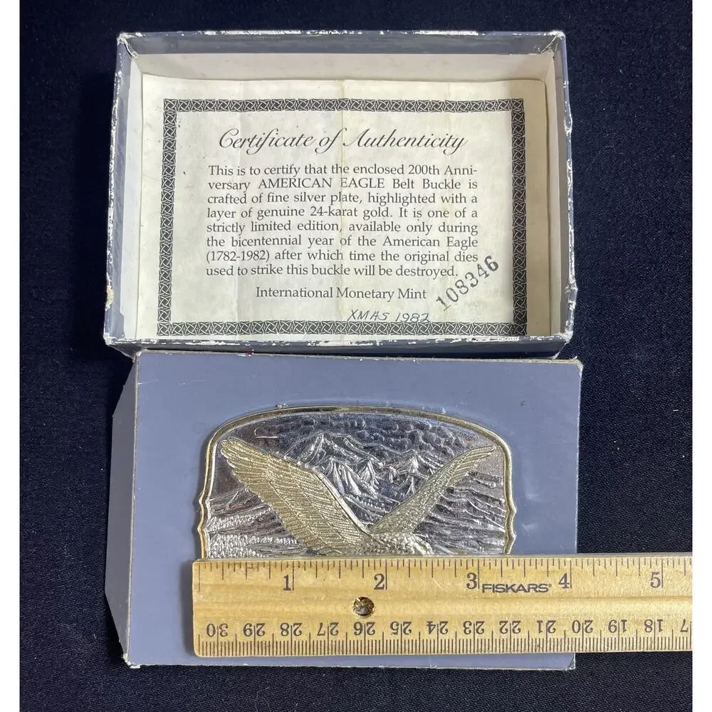 1982 American Eagle 200th Anniversary Belt Buckle 24K Gold Silver Plate COA